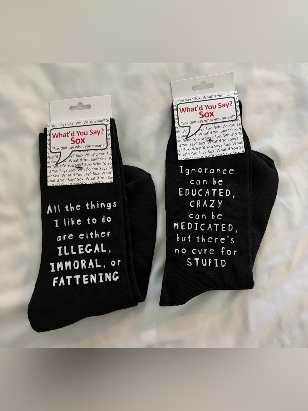 What’d You Say? Sox 2 Pairs of New One Size Socks Funny
